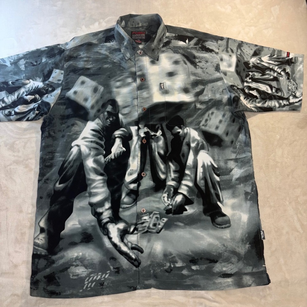 Vintage FUBU All Over Print Dice Game Shirt XXL Grey Y2K Hip Hop Streetwear